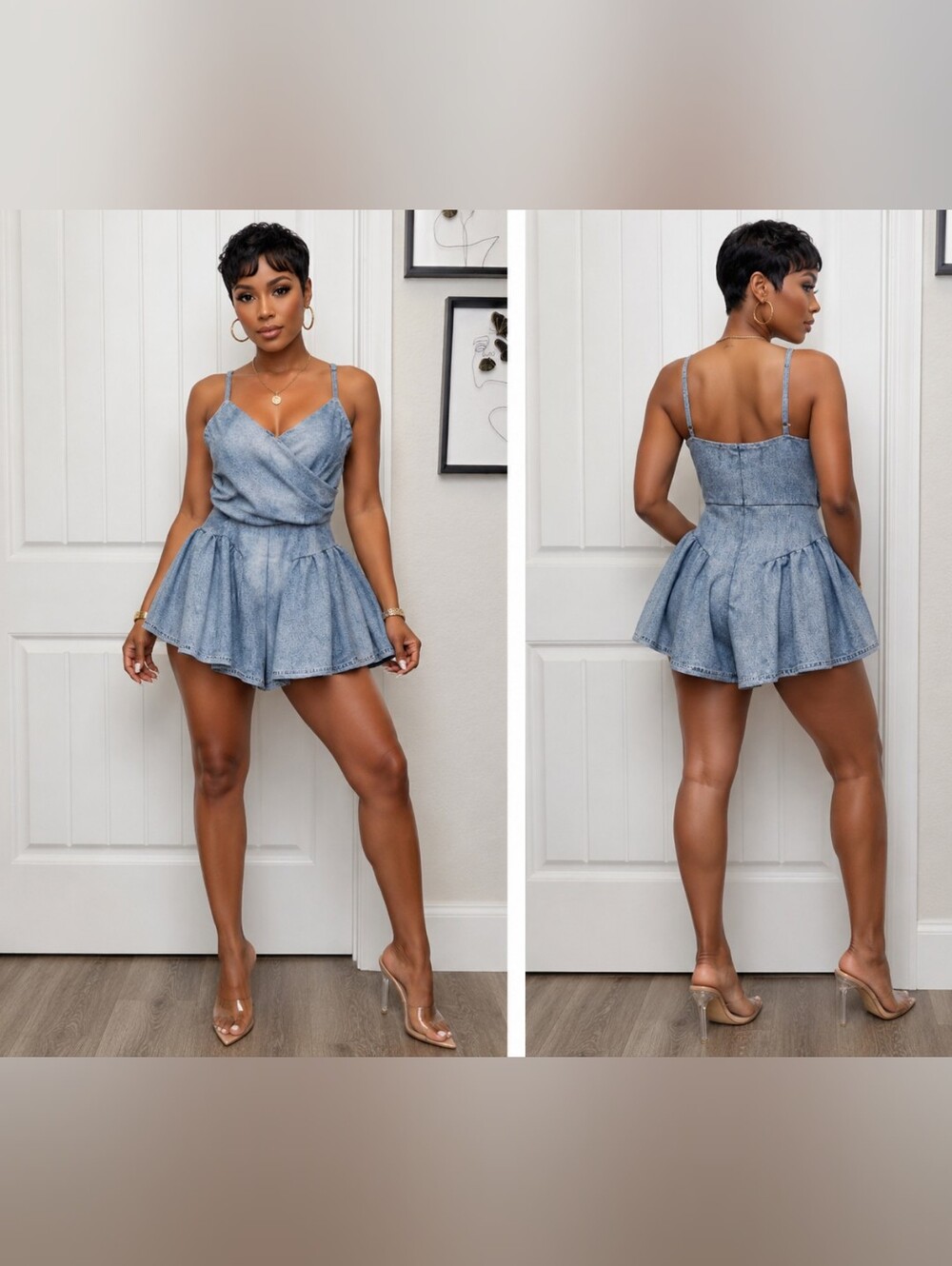 Blue Denim-Look Spaghetti Strap Romper Dress